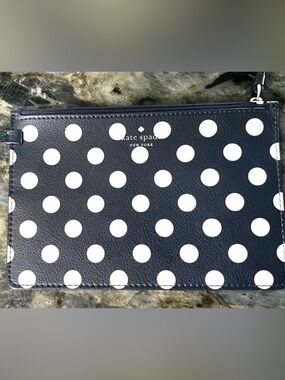 kate spade navy with white polka dot leather pouch